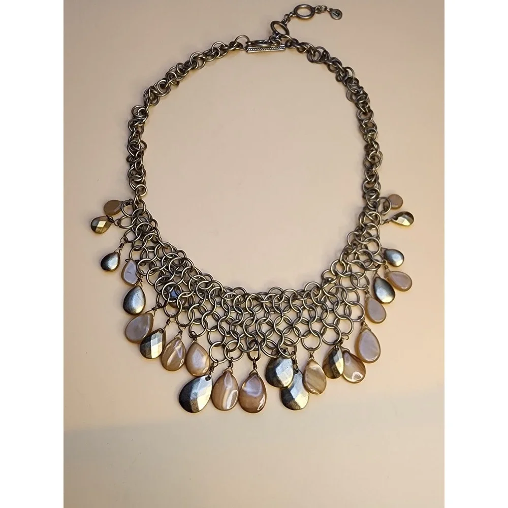 Vintage LIZ CLAIBORNE Signed Bib Necklace Chandelier of Faceted‎ Bronze Tone 15